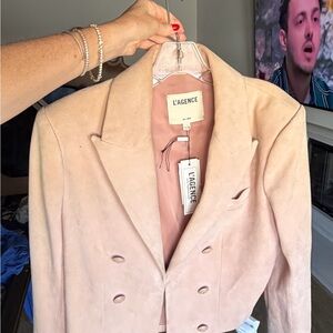 L'AGENCE Cropped Double-Breasted Suede Blazer in Blush Pink